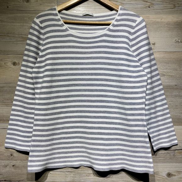 Hubert Gasser Womens Large Gray White Stripe Sweater Lightweight Textured Scoop - Picture 1 of 12